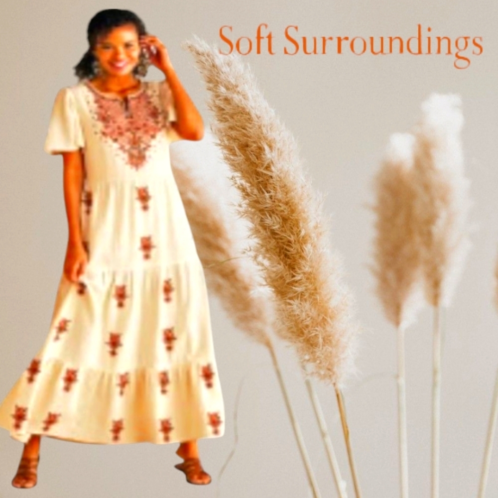 Soft Surroundings Bellmore Boho Gauze Maxi Dress Aztec Red Stitchery on Cream SM